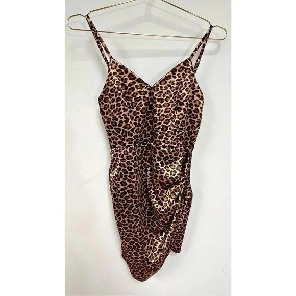 Iris Womens Brown Black Leopard Print Asymmetrical Hem Ruched Mini Dress Medium - Picture 1 of 12